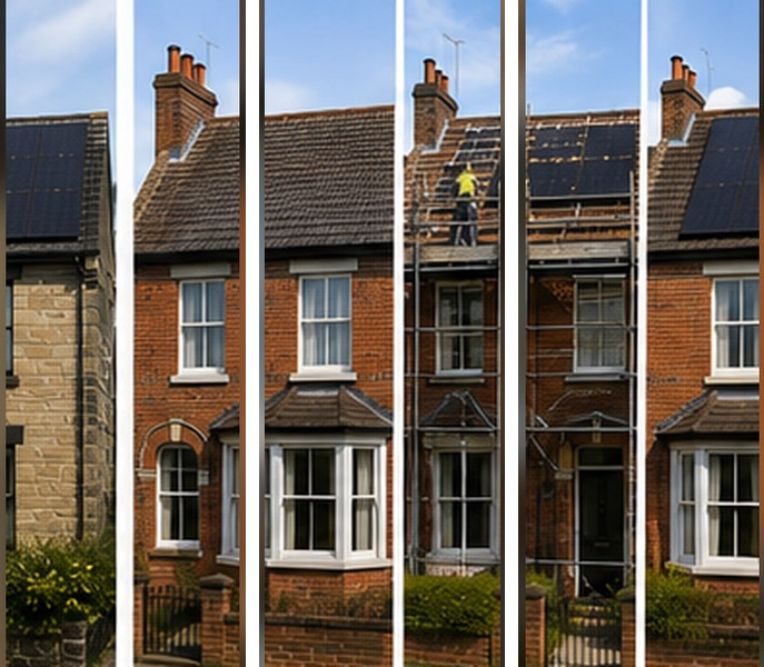 Illustrative example of a solar installation on a Nottingham home, before, during and after